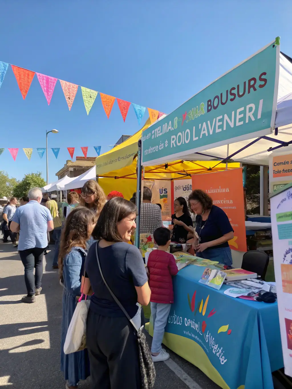 An image showcasing a community event where local businesses and En Route Vers L'Avenir collaborate to support individuals, emphasizing community partnerships.