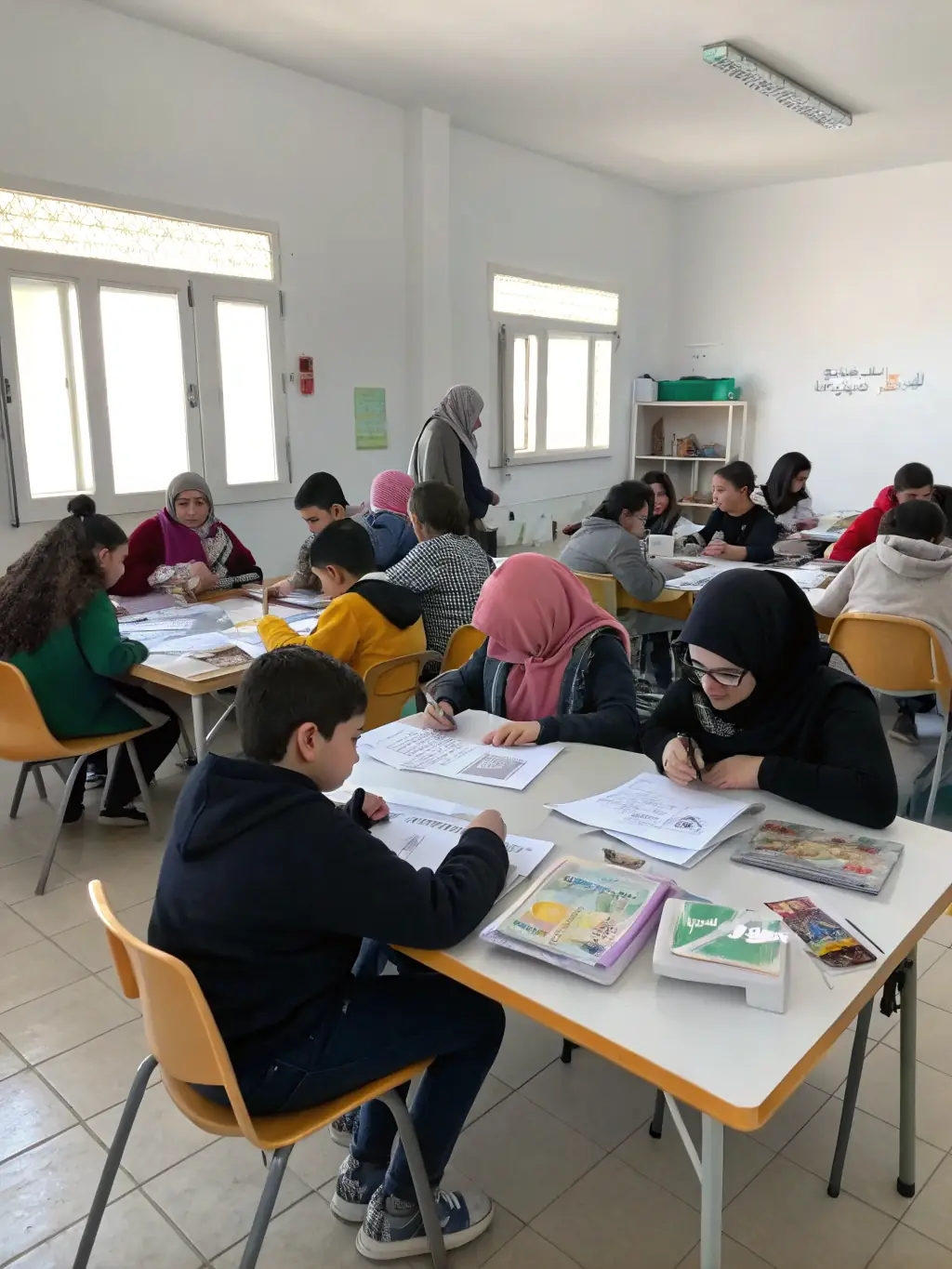 An image showing a job placement workshop with participants engaging in discussions and activities, representing En Route Vers L'Avenir's job placement assistance service.