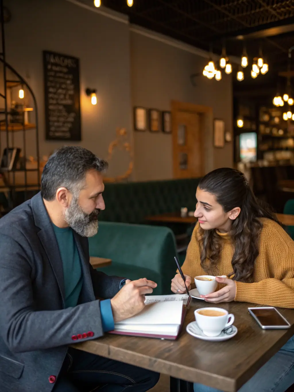An image depicting a mentor and a client in a supportive conversation, highlighting the personalized guidance process offered by En Route Vers L'Avenir.