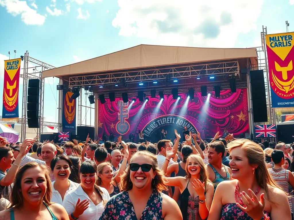 A vibrant outdoor music festival scene with a diverse crowd enjoying live performances on a sunny day, capturing the energy and excitement of the Invasion de Lucanes festival.