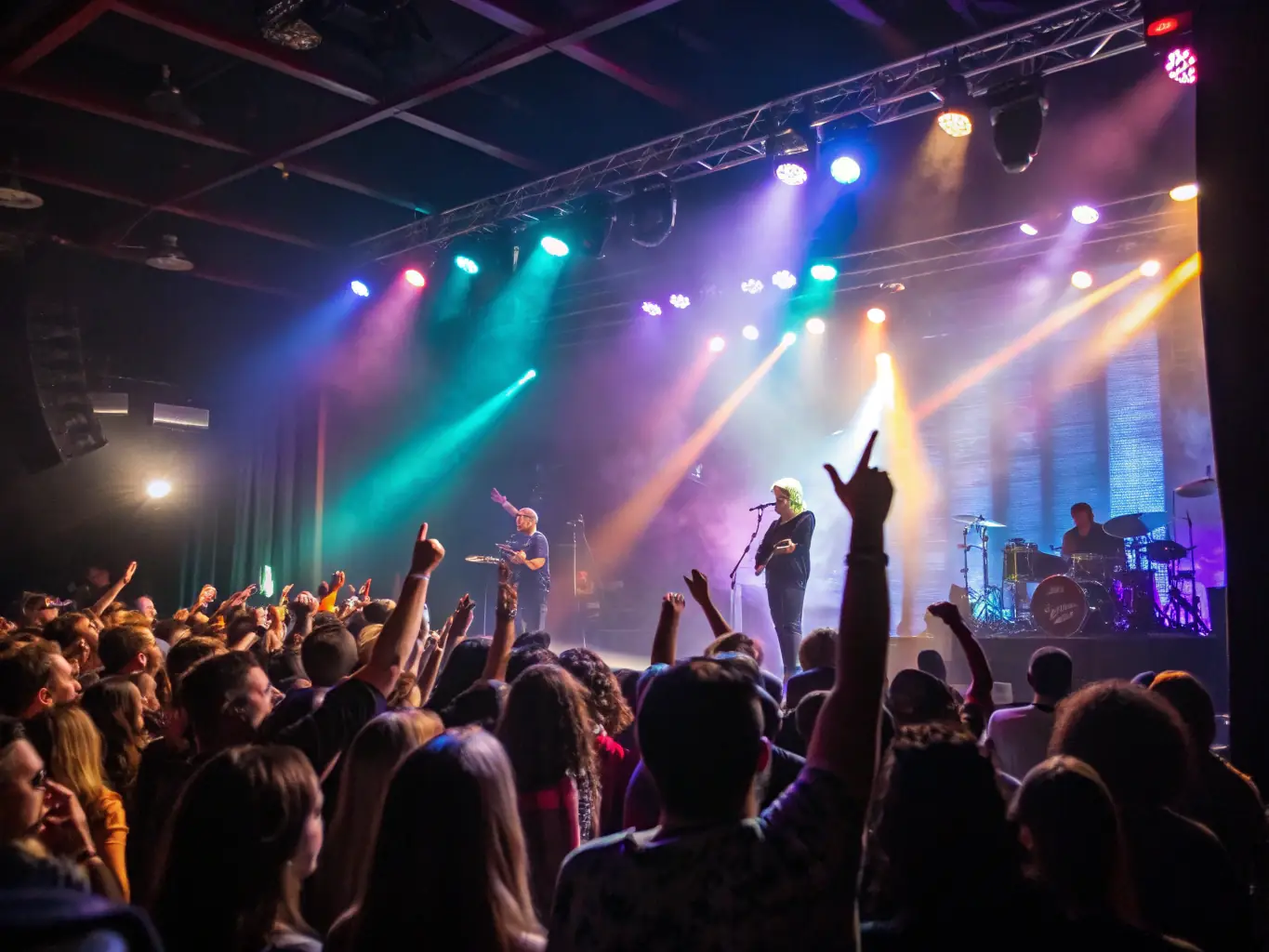 A dynamic live concert setting with a pop band performing on stage, illuminated by colorful lights and surrounded by an enthusiastic audience, reflecting the energy of Lucane Musiques' performances.